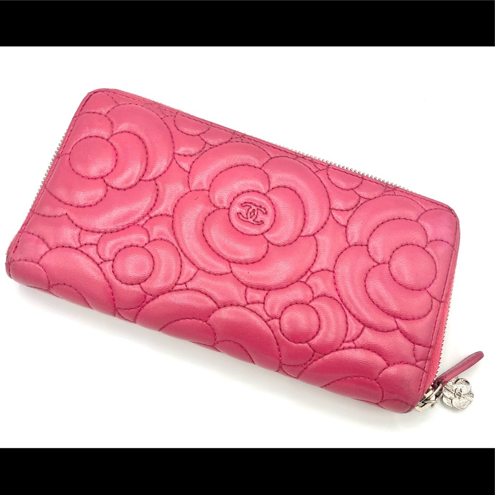 CHANEL Lambskin Camellia Embossed Zip Around Large Gusset Wallet